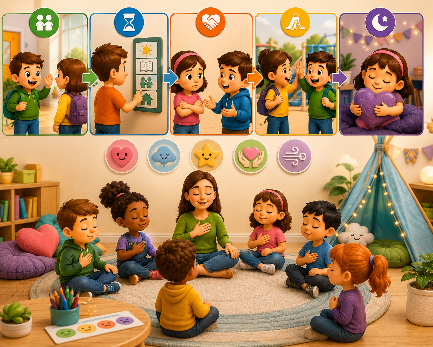 Criança lendo livro mágico com personagens de inteligência emocional